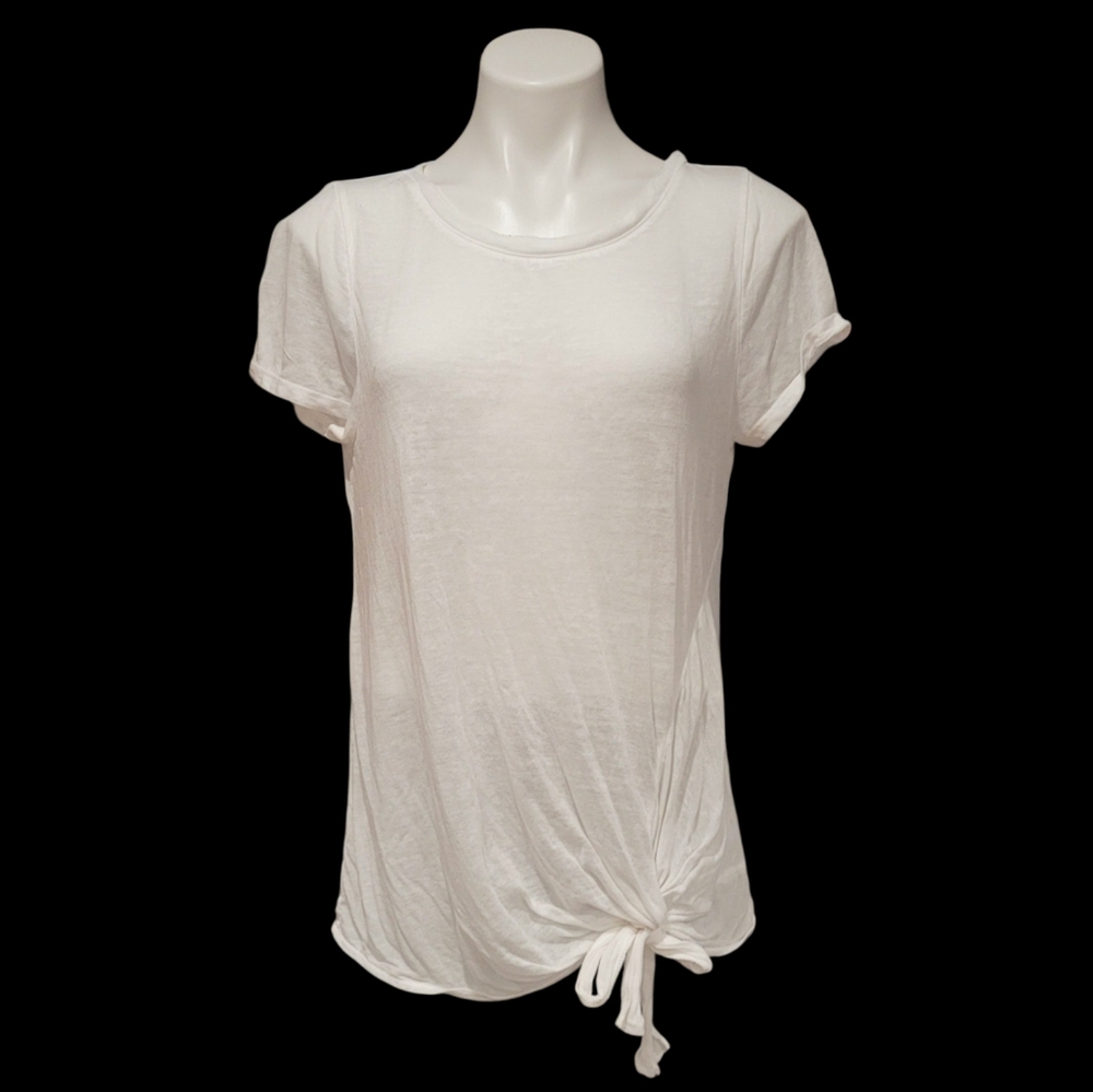 Susina Medium White Burnout Tie Hem Short Sleeve Shirt